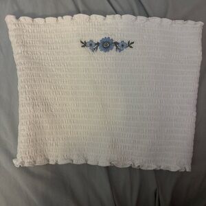 White Smocked Tube Top with Blue Floral Embroidery